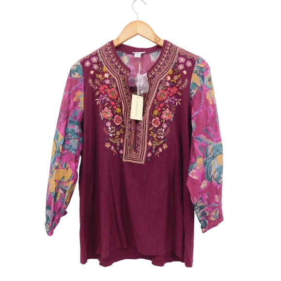 Sundance Tops - Sundance Purple Embroidered Floral Cotton Silk Blend Tunic Top Womens Medium NWT